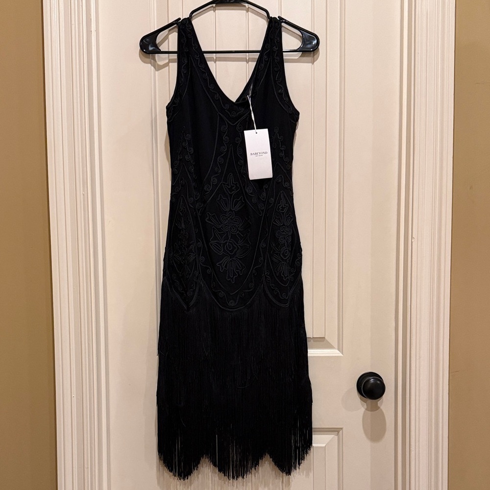 Chic Black Midi Dress with Fringe Detailing